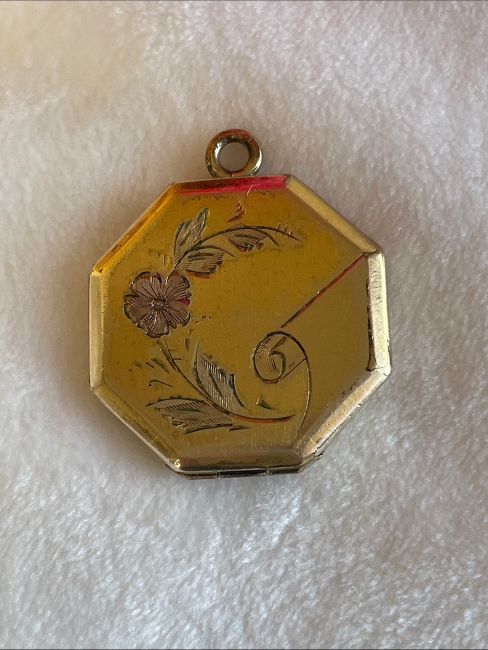 Antique B CO 1/10-14k GF Gold Filled Octagon Tricolor Floral Locket Pendant - Picture 3 of 11